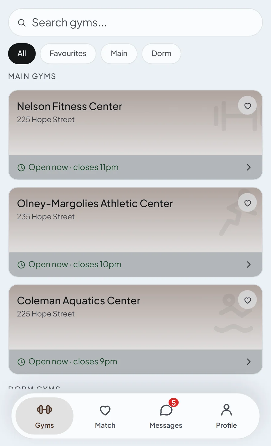 The Gyms screen in Brown's colours