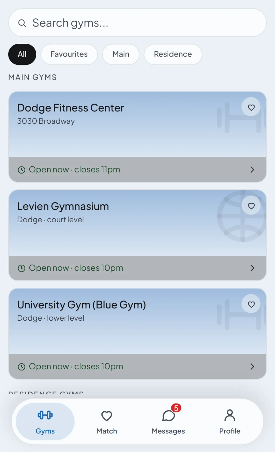 The Gyms screen in Columbia's colours