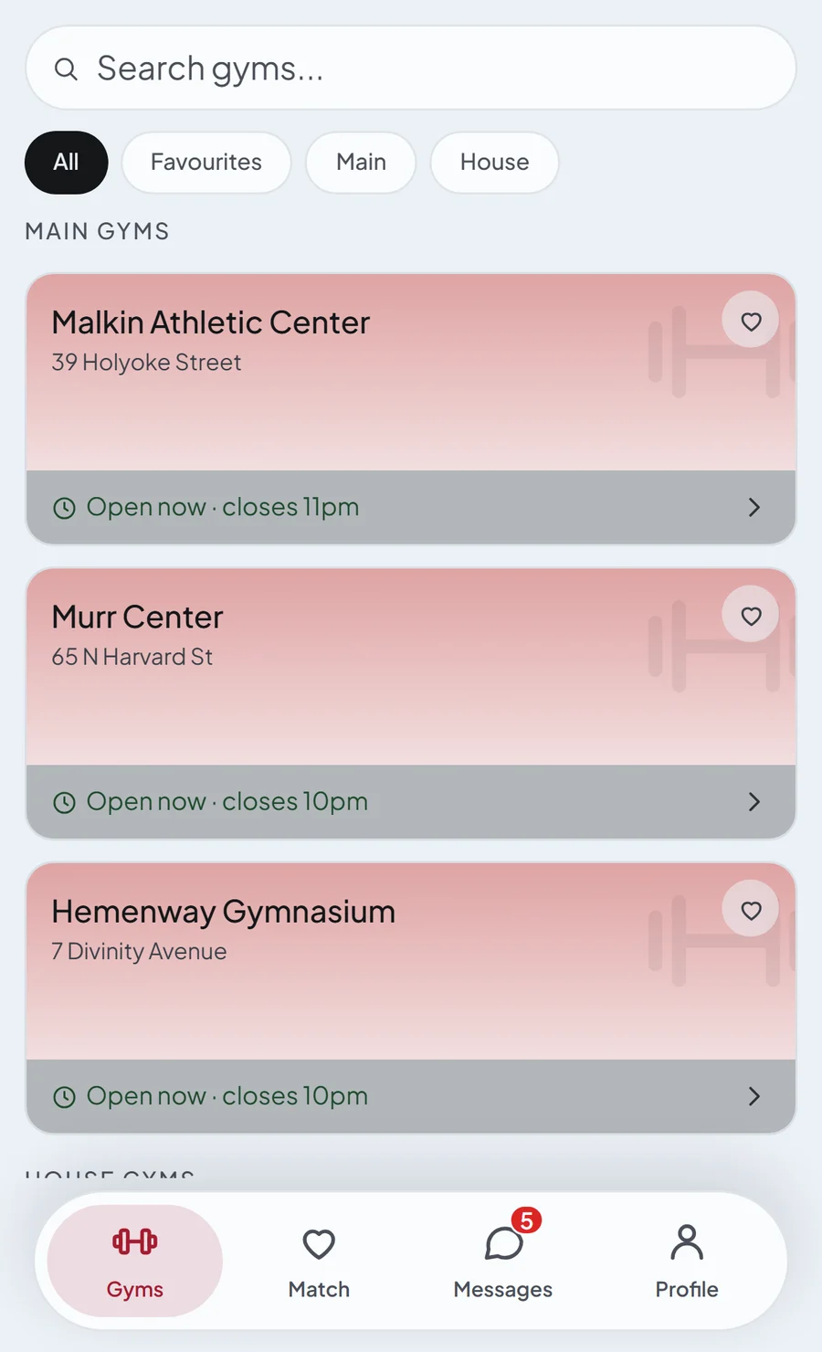 The Gyms screen in Harvard's colours